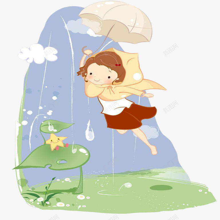 卡通女孩的伞png免抠素材_88icon https://88icon.com 下雨天 小女孩 撑伞的女孩 瀑布 白云 荷叶 雨中撑伞 雨伞 飞翔