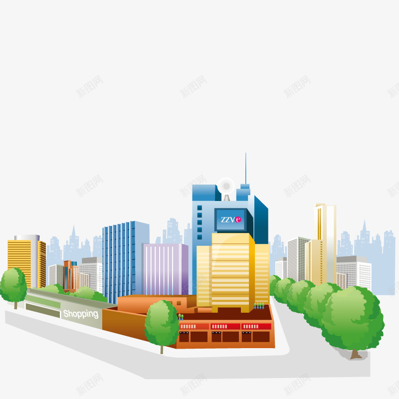 高楼及公路矢量图ai免抠素材_88icon https://88icon.com 城市 绿树 闹市 矢量图