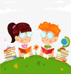可爱草坪上读书的2个儿童矢量图素材