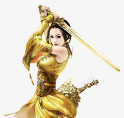 金色裙子御剑美女古风手绘素材