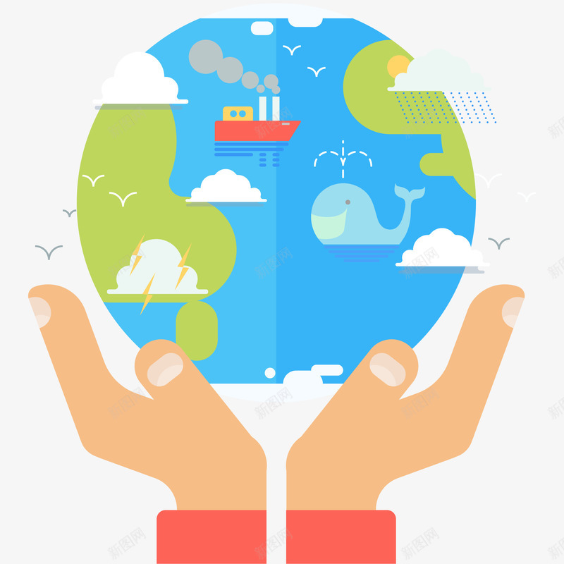 手捧着地球矢量图ai免抠素材_88icon https://88icon.com 世界地球日 双手 地球 海洋 白云 轮船 鲸鱼 矢量图