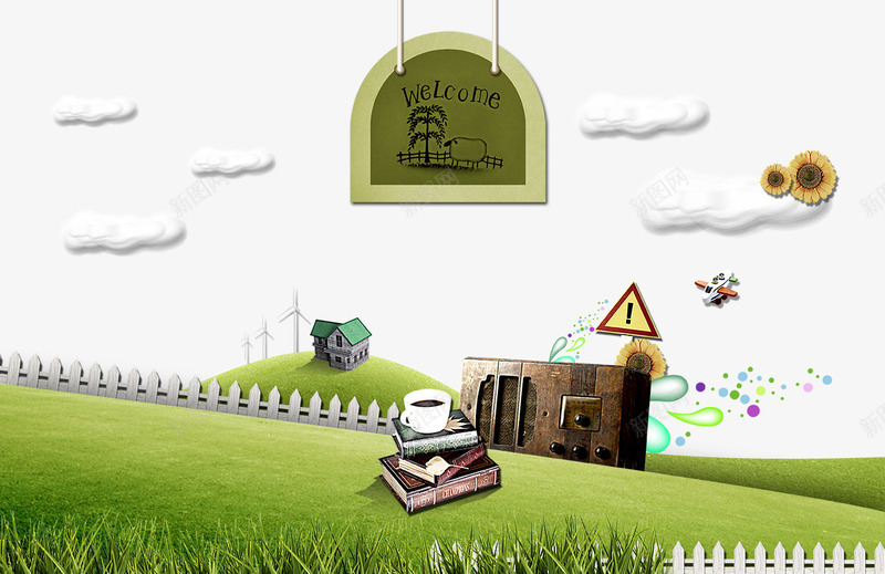 书本和房屋psd免抠素材_88icon https://88icon.com 书本 书籍 卡通书本 房屋 白云 草地