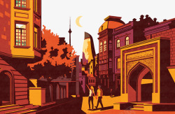 单色手绘城市街道背景图案素材