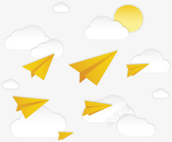 空中云端黄色纸飞机矢量图素材