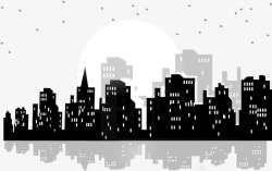 夜晚的城市和月亮剪影素材