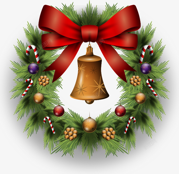 松叶花环png免抠素材_88icon https://88icon.com 免扣png 免扣png素材 免费png素材 圣诞铃铛 松叶针 节日装饰