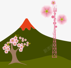 装饰富士山樱花和粉色信号发射塔矢量图素材