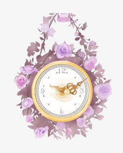 房子时钟紫色花朵围绕的小清新时钟高清图片