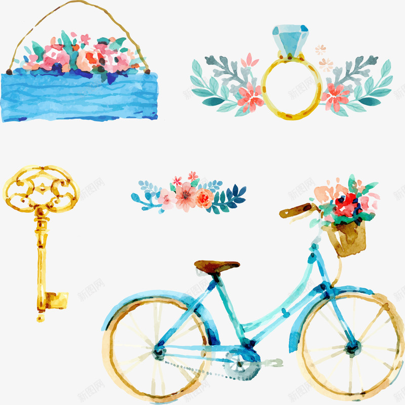 鲜花钥匙自行车矢量图ai免抠素材_88icon https://88icon.com 水彩 自行车 花卉 钥匙 钻戒 矢量图