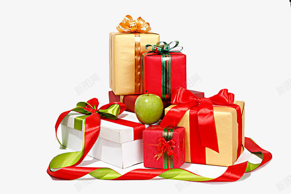 圣诞礼物礼盒png免抠素材_88icon https://88icon.com 免抠圣诞礼盒 免抠礼盒 圣诞 礼物 礼盒 红色的丝带 青苹果