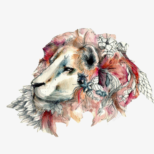 狮子花环片png免抠素材_88icon https://88icon.com 可爱狮子 头戴花环 水彩画 狮子