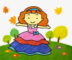 彩绘儿童画长裙小女孩图案素材