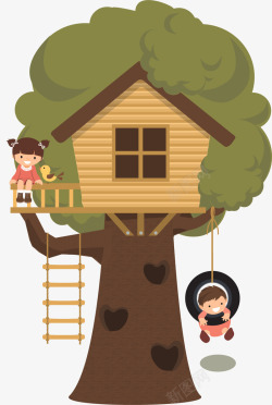 树上房屋深色手绘风格树屋矢量图高清图片