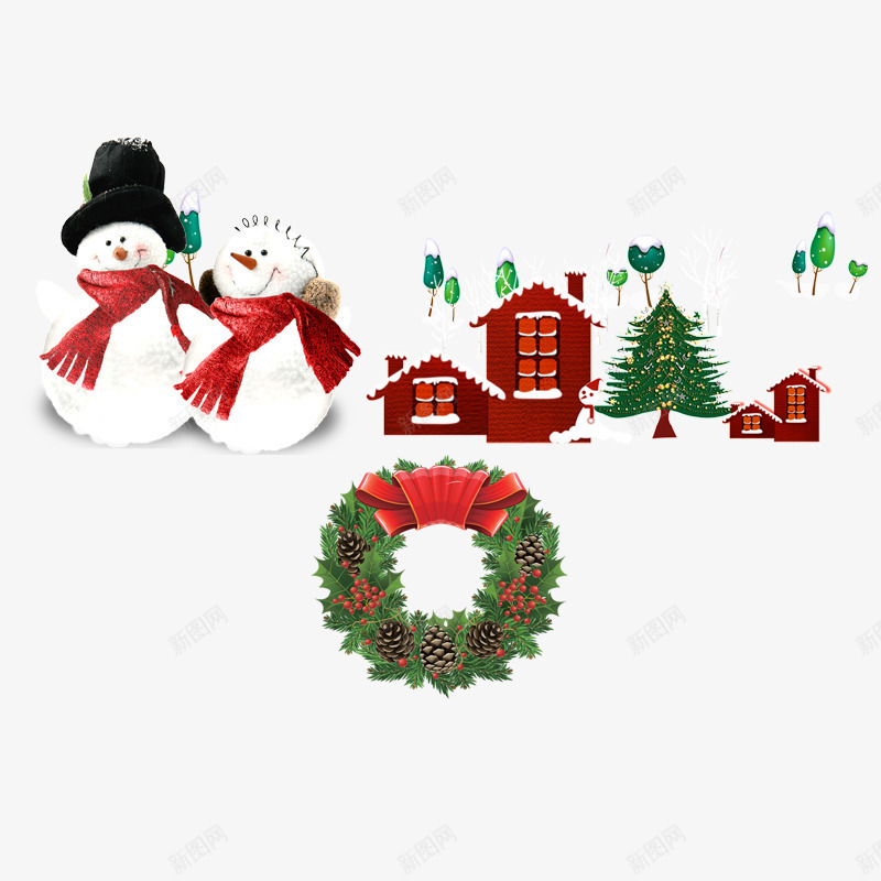 雪地上的房子和圣诞树png免抠素材_88icon https://88icon.com 圣诞树 圣诞节元素 圣诞节源文件 圣诞花环 戴着红色围巾的雪人 红色瓦房