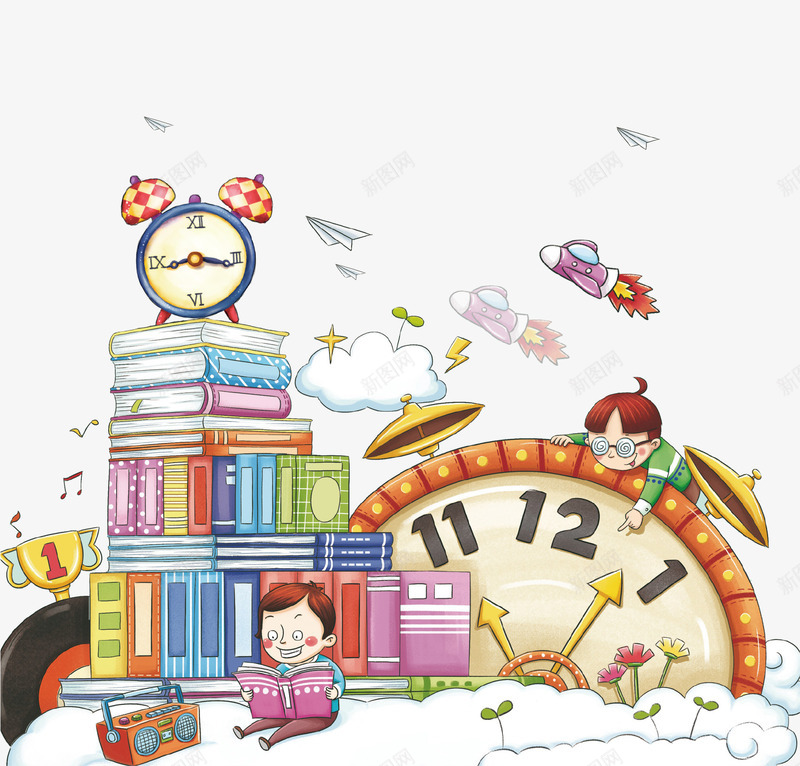 创意看书学习的儿童插画psd免抠素材_88icon https://88icon.com 书本 儿童 创意设计 学习 插画 时钟 看书