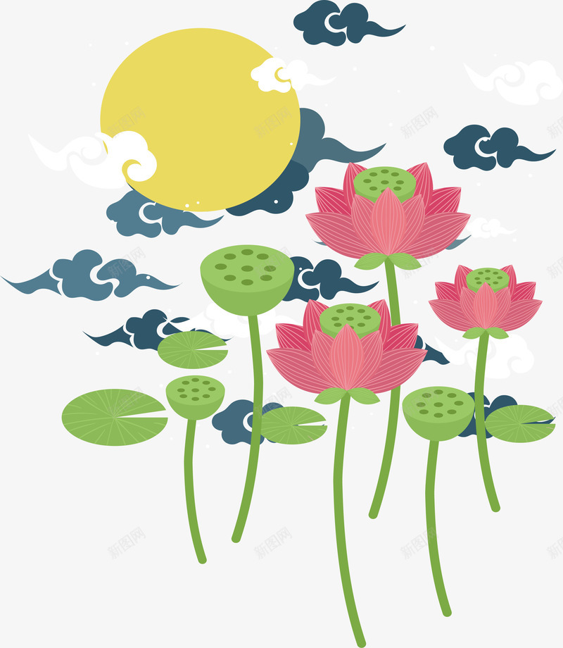 美丽的荷花塘矢量图ai免抠素材_88icon https://88icon.com 中秋夜 矢量png 粉红色 粉色荷花 荷花 荷花塘 矢量图