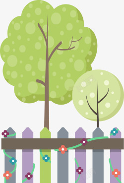 鲜花篱笆大树插图矢量图素材