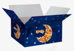 蓝色礼物盒子卡通月亮打开的礼物盒子p素材