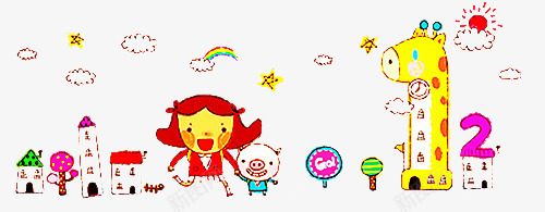 手绘动漫插画png免抠素材_88icon https://88icon.com 卡通 小猪 漫画 白云星星 长颈鹿