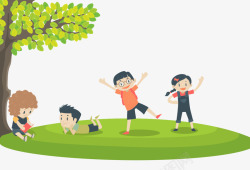 玩闹六一儿童节可爱插图树下玩闹的孩高清图片