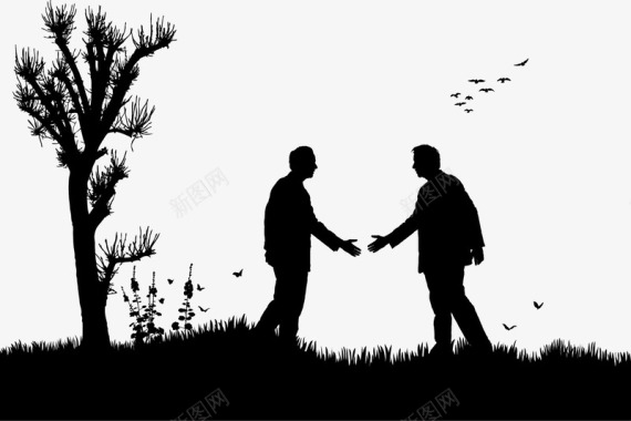 矢量树黑白剪影户外两人握手插图图标图标