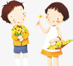 端着鲜花的俩卡通女孩素材