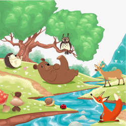 小动物小河流矢量图素材