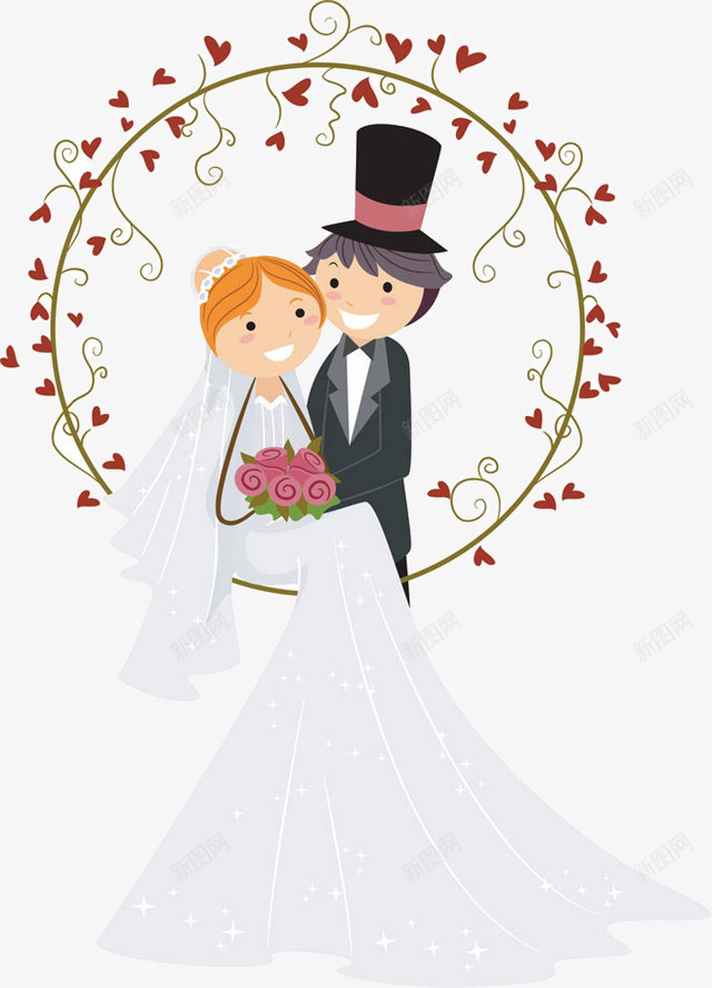 卡通结婚的新人png免抠素材_88icon https://88icon.com 卡通 爱心花环 爱心装饰 粉色的手捧花 结婚的新人 金色的花环