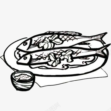 手绘风格吃烤鱼场景简笔画图标图标