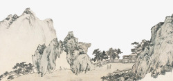 毛笔勾线山间小亭风景画素材