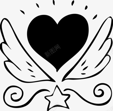 黑白手绘黑白爱心翅膀装饰图标图标