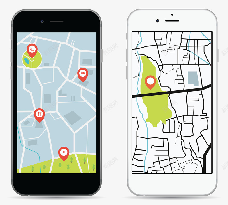 手机导航矢量图eps免抠素材_88icon https://88icon.com 位置 导航 手机 白色手机 线路 黑色手机 矢量图