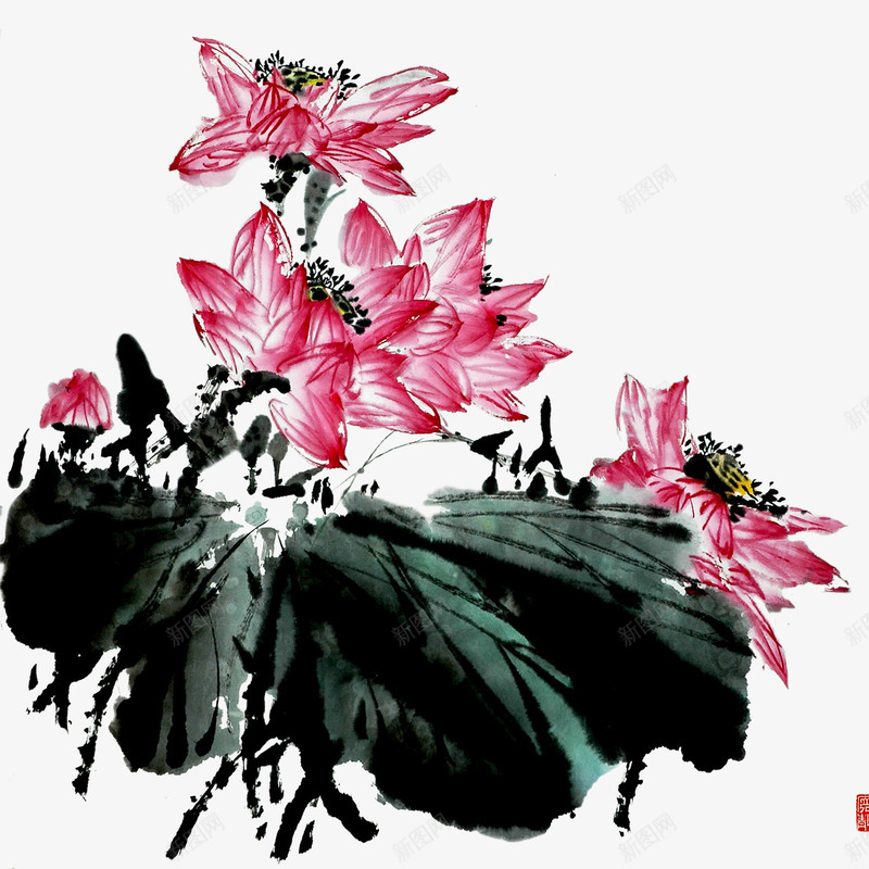 荷花png免抠素材_88icon https://88icon.com 水墨 粉色 荷花 莲花 黑色