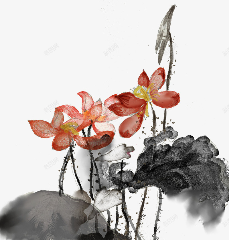 水墨中国风装饰荷花插画psd免抠素材_88icon https://88icon.com 中国风 中国风荷花 夏天 手绘插画 水墨 水墨荷花 荷叶 荷花