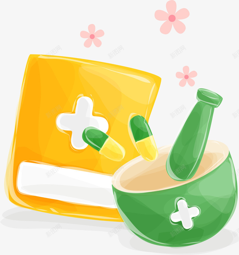 手绘药品png免抠素材_88icon https://88icon.com AI 医疗 卡通 手绘 线条 绿色 胶囊 花朵 鲜花 黄色