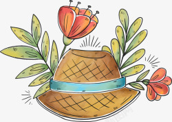 手绘草帽和鲜花素材