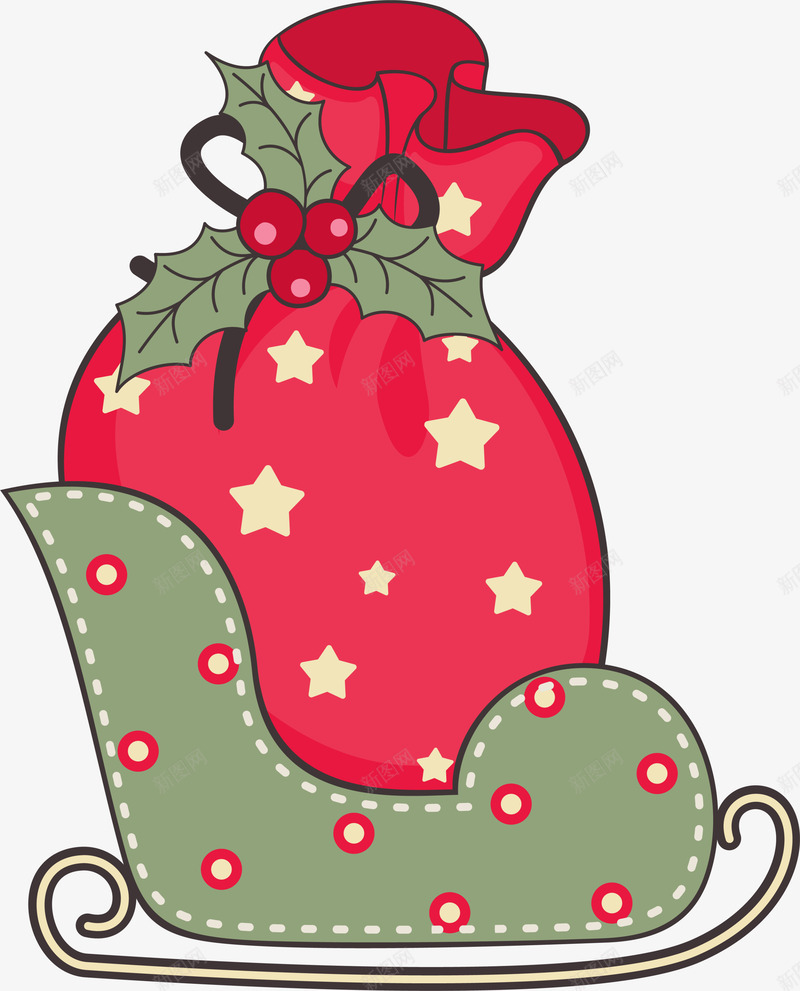 圣诞节圣诞礼物png免抠素材_88icon https://88icon.com 喜庆 圣诞礼物 圣诞节 红色袋子 绿色雪橇 黄色星星