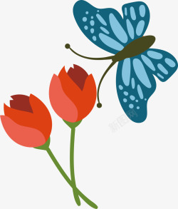 蓝色蝴蝶红色花朵春季踏青背景素素材