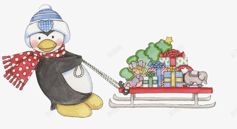 滑雪橇赠送圣诞礼物的小企鹅png免抠素材_88icon https://88icon.com 冬天 围巾 白雪 礼品