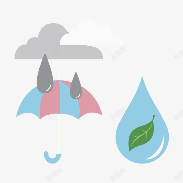 手绘雨伞和水滴图png免抠素材_88icon https://88icon.com 下雨 云彩 卡通 插图 树叶 水滴 装饰 雨伞