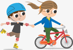 儿童骑自行车手牵手好朋友高清图片