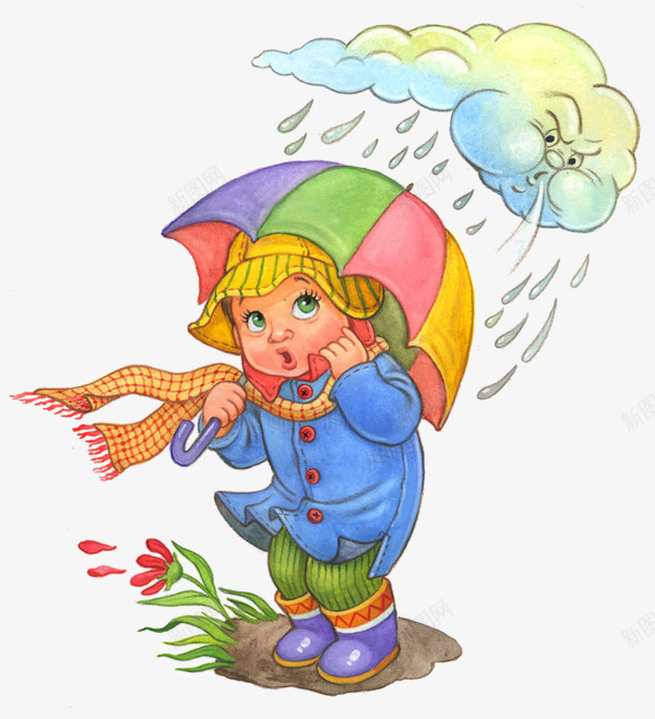 下雨打伞的小孩png免抠素材_88icon https://88icon.com 下雨 云朵 卡通PNG素材 围巾 彩色雨伞