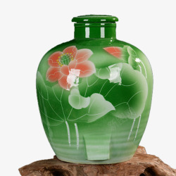 彩陶PNG图片绿色荷花图案泡酒瓶高清图片