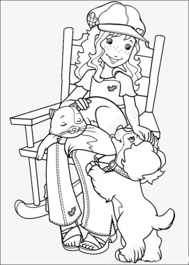黑白简笔画可爱小女孩与小猫小狗图标图标