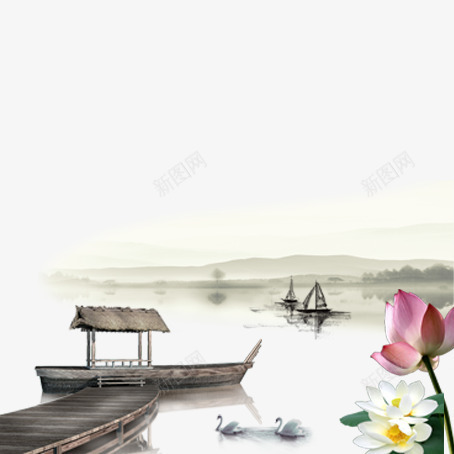 水墨画水景png免抠素材_88icon https://88icon.com 亭子 古风船 水 水墨画 水墨画水景 白鹤 船 荷叶 荷花