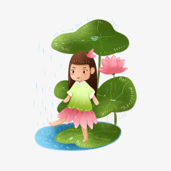 荷叶下避雨的小女孩素材