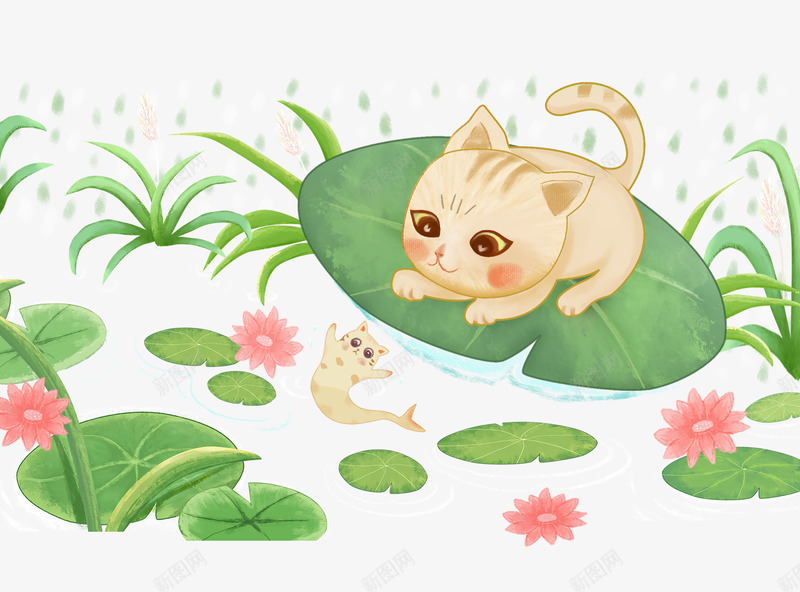 卡通手绘趴着荷叶上的猫咪psd免抠素材_88icon https://88icon.com 卡通 手绘 植物装饰 粉色的荷花 趴着荷叶上的猫咪