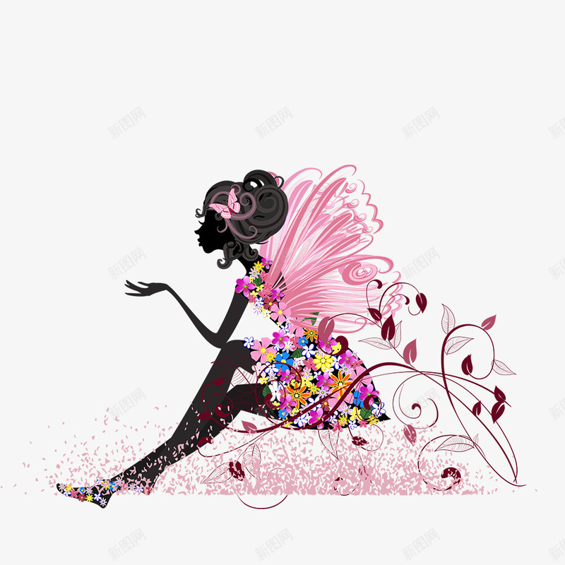 粉色现代海报装饰png免抠素材_88icon https://88icon.com 卡通 女人 彩色花 手绘 插画 礼服 粉色 粉色海报 翅膀 裙子 鲜花