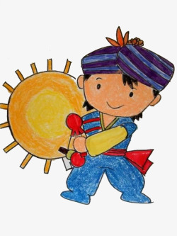 儿童画风格少数民族服饰彩绘儿童画基诺族高清图片