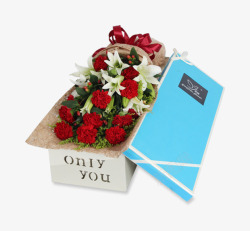 鲜花礼盒红色玫瑰百合蓝盒子素材